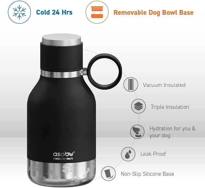 Asobu Buddy Bottle, a Stainless Steel Insulated Water Bottle with Removable Dog Water Bowl and Dog Food and Treat Storage (Midnight Marble, 37 Oz)