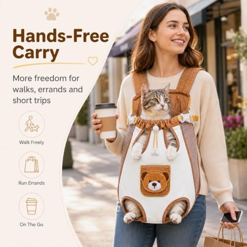 Cute Cat Carrier Backpack, Hands Free Pet Front Carrier Bag (Brown, Small)