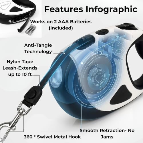 BoldPet® Retractable Dog Leash with LED Flashlight -10 Ft Tangle-Free Long Leash- Anti-Slip Grip - Dog Leash Retractable for Small Dogs up to 44 Lbs- One Handed Brake -Retractable Dog Leash with Light