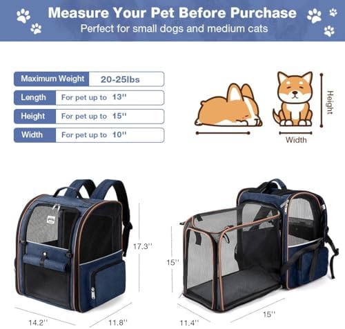 Extra Large Cat Backpack Carrier Expandable Pet Carrier Backpack for Small Dogs Medium Cats Fit Up to 18 Lbs, Dog Backpack Carrier, Foldable Puppy Backpack Carrier for Travel, Hiking,Blue