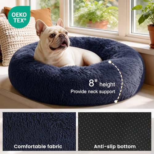 Love's cabin Calming Cat Bed for Indoor Cats, Anti-Anxiety Donut Round Dog Bed, Fluffy Faux Fur Washable Pet Bed for Small Medium Dogs and Cats, Navy, 20in