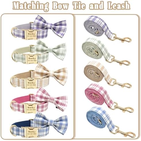 Custom Personalized Dog Collars with Pet Name/Phone Number Engraved Gold Metal Buckle - Soft Adjustable Collar for Small Medium Large Dogs (Plaid)