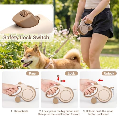 Segarty 16 Ft Retractable Leash with Detachable Poop Bag Holder for Walking, 5m Dog Leash for Small Medium Pet up to 66Lbs, 360°Tangle-Free Dog Lead with Anti-Slip Handle & One-Handed Brake Pause Lock