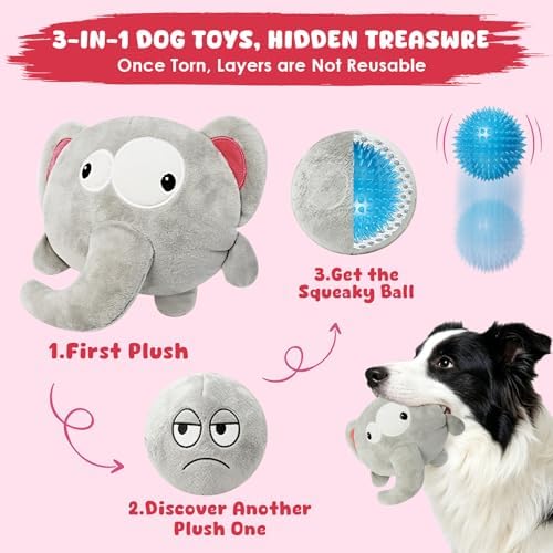 XIAPIA 3-in-1 Plush Elephant Squeaky Dog Toys for Aggressive Chewers