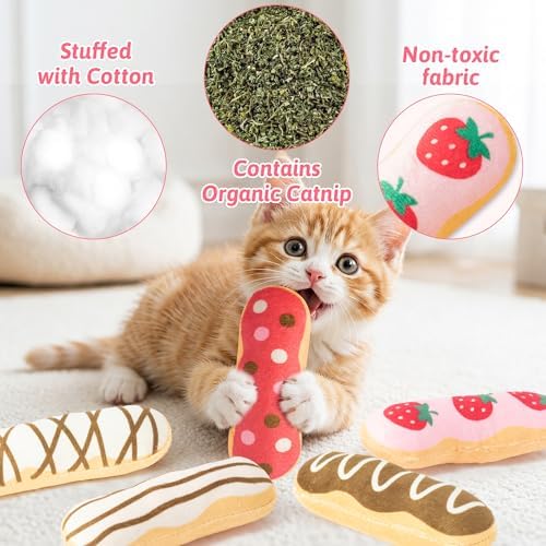 5Pcs Eclair Catnip Toys, Plush Interactive Cat Toy Set for Indoor Cats