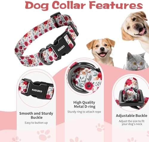Kazazoo Dog Collar Cute and Soft Nylon Puppy Collar for Boy and Girl Dogs, Adjustable Dog Collars for Extra Small Dogs, Red Flowers-XS