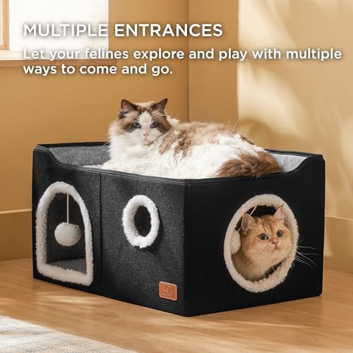 Bedsure Extra Wide Cat House Bed with Fluffy Ball and Scratch Pad,Black