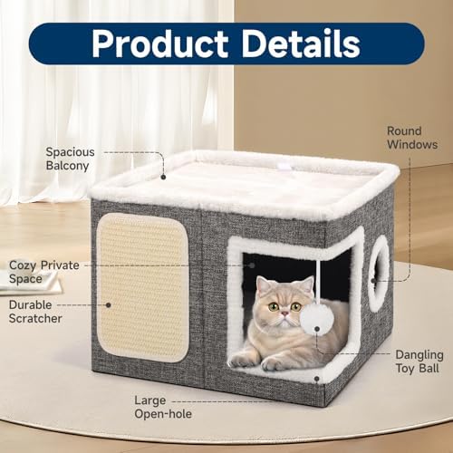 Shikha Cat House Bed for Indoor Cats with Fluffy Ball and Scratch Pad Grey