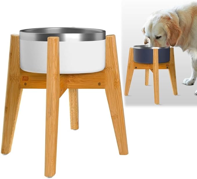 Dog Bowl Stand for Large Dogs - Adjustable, Bamboo | Use to Elevate, Raise Pet Food Water and Slow Feeder Bowls, Expandable with Locking Option, Non-Slip Feet, Stand Only