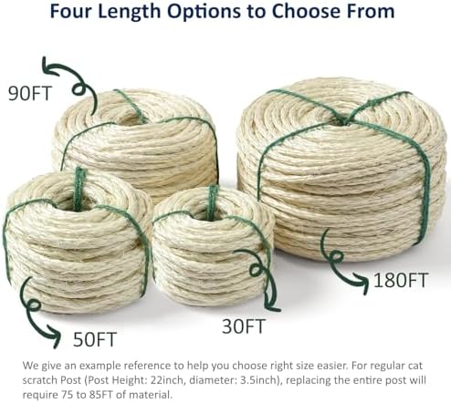 WePet Cat Natural Sisal Rope for Scratching Post Tree Replacement, Hemp Rope for Repairing, Recovering or DIY Scratcher, White, 90FT
