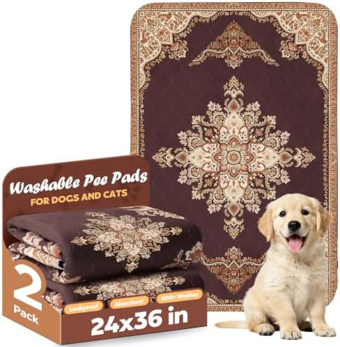 Washable Pee Pads for Dogs 24" x 36" - 2 Pack, Brown, Stylish Reusable Puppy Training Pads - 100% Waterproof & Leak-Proof & Non-Slip, Potty Pads for Whelping, Crate, Floor