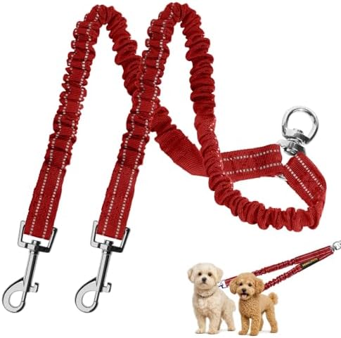 MingXpet 2 Dog Leash, Dog Leash for 2 Dogs, 360° Swivel No Tangle Double Walking Training Leashes for Large Dogs that Pull, Comfortable Shock Absorbing Reflective Bungee, Red