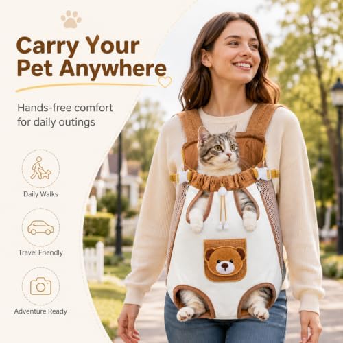 Cute Cat Carrier Backpack, Hands Free Pet Front Carrier Bag (Brown, Small)