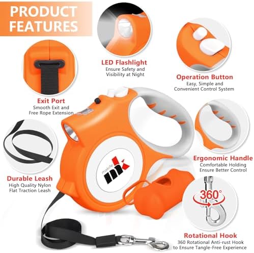 Retractable Dog Leash with LED Light Makife 5m Extendable Dog Lead for Small Medium Puppis up to 25kgs, One-Hand Brake & Lock System, Ergonomic Handle (Orange)