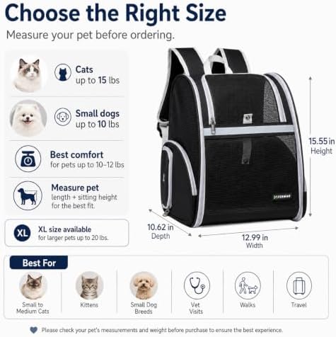 Cat Backpack Carrier for Small Dogs and Medium cat Puppy Kitten Bunny Pet Carrier Backpack Collapsible with Fully Ventilated Mesh with Safety Leash (Black, 12.9" L x 10.62" W x 15.5" H - M)