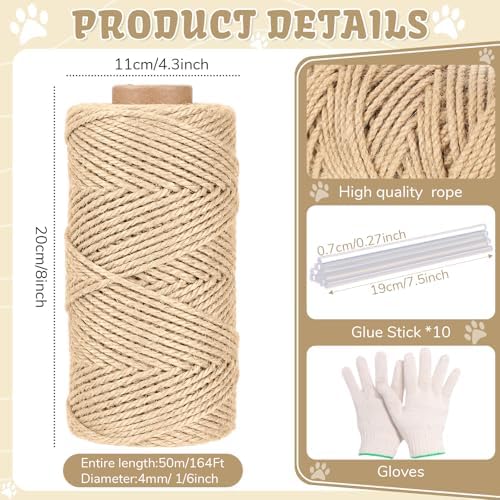 Natural Sisal Cat Rope for Posts, 1/6in ×164ft, Original Color