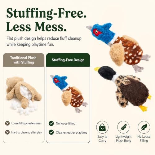 Duck Dog Toys, 2-Pack Stuffing-Free Squeaky Plush Bird Toys with 8 Total Squeakers, Hollow Body No-Stuffing Design for Small Medium Dogs