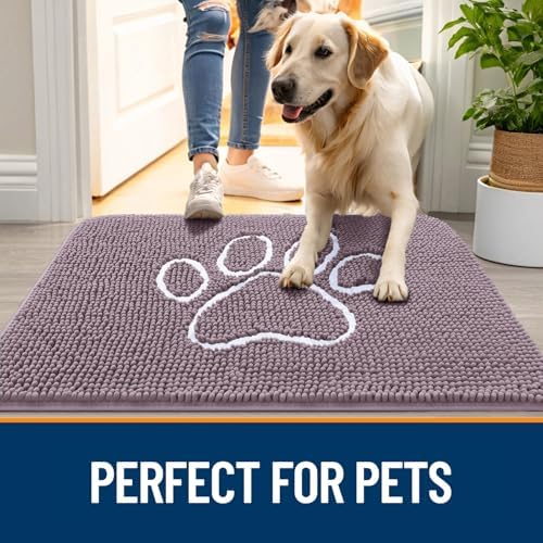 OLANLY Dog Door Mat for Muddy Paws 30x20, Paw Print Design Chenille Mud Mat