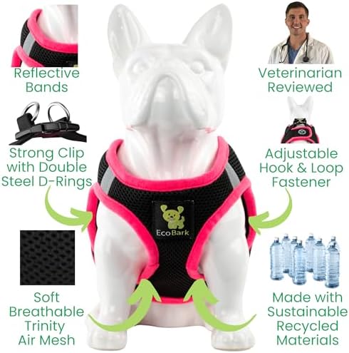 EcoBark Small Dog Harness - Luxury Soft Step in Dog Harnesses for Puppy & Small Dogs - Reflective Mini Body Halter Vest for Little Dogs (Black and Pink, Small)