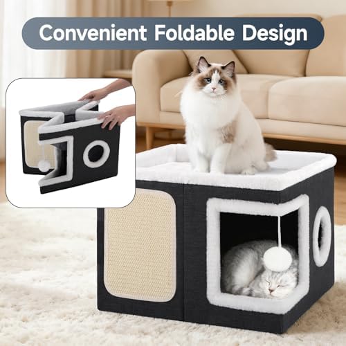 Shikha Cat House Bed for Indoor Cats with Fluffy Ball and Scratch Pad Black