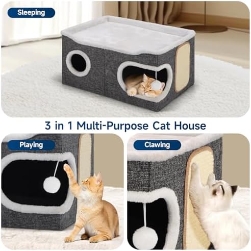 Shikha Extra Large Cat House Bed for Multi Cats with Scratch Pad Grey