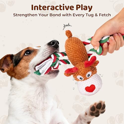 Plush Rope Reindeer Dog Toy – Durable Squeaky Tug Toy for Small, Medium Dogs, Interactive Chew & Fetch Puppy Toy