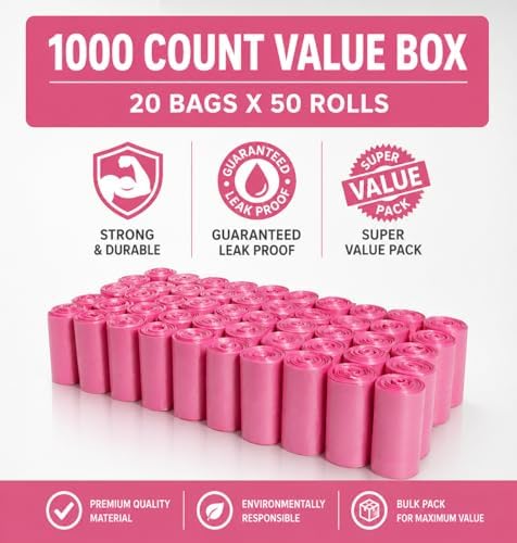 1000 Pet Waste Disposal Poop Bags EZ Pick Up Bag Pink Large Puppy Training