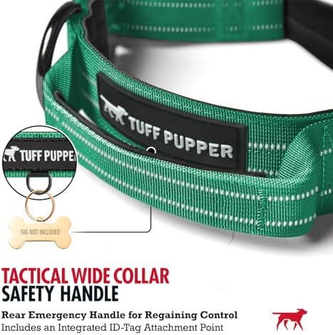 Tuff Pupper Tactical Dog Collar | Heavy Duty 1.5" Wide Ballistic Nylon | Training Control Handle | Quick-Release Metal Buckle | Reflective Bands | ID Tag Holder | Padded Inner Lining (Green, Large)