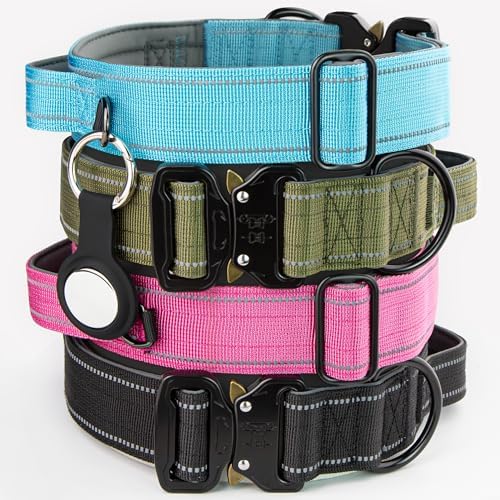 Tactical Dog Collar with Control Handle & AirTag Holder Pink