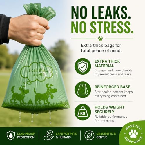 Dog Poop Bags with Dispenser, 300 Count Extra Thick Leak Proof Pet Waste Bags, 20 Rolls x 15 Bags, Unscented Easy Tear-Off Doggie Bags Refills for Dogs & Cats, 9” x 13”
