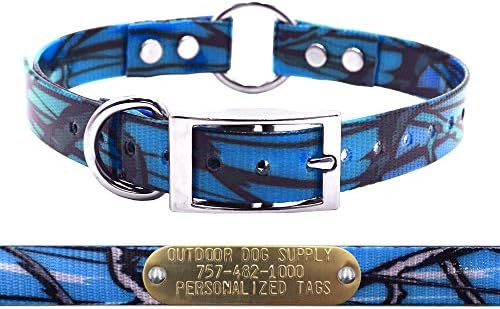 Waterproof D & Center Ring Dog Collar w Custom Name Tag 3/4x15, Blue Camo