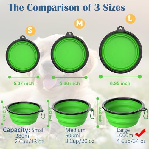 Collapsible Dog Bowls [3 Pack] 34 oz, Travel Dog Bowls, Pet Bowl Portable Foldable Water Food Feeding Dishes with Carabiner Clip for Traveling Hiking Walking-Black & Green & Blue