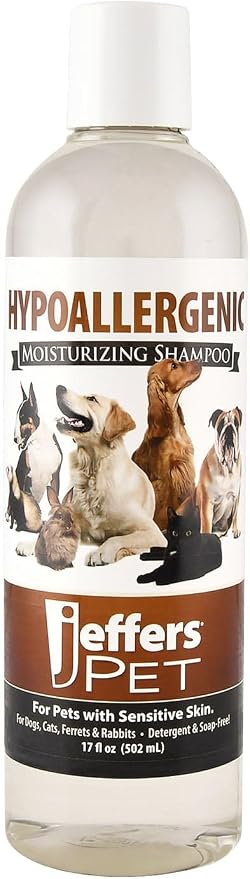 Jeffers Pet Hypoallergenic Shampoo for Dogs, Cats & Small Animals 17 oz – Concentrated Moisturizing Tearless Formula with Aloe Vera & Vitamins A D E, Fragrance & Soap Free, Gentle for Sensitive Skin