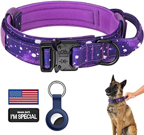 DAGANXI Tactical Dog Collar, Adjustable Military Training Nylon Dog Collar with Control Handle and Heavy Metal Buckle for Medium and Large Dogs, with Patches and Airtags Case (L, Purple Sky)