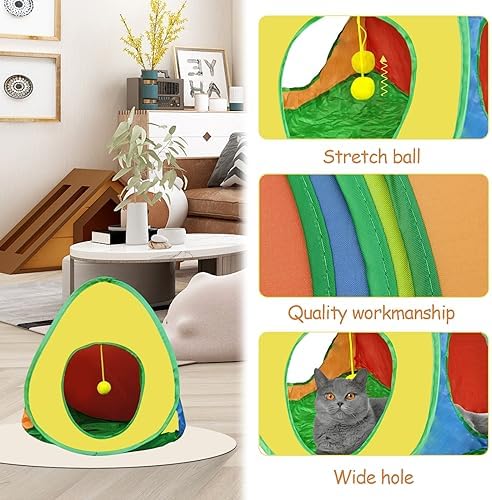 Andiker Cat Tent with a PlushBall, Colorful Foldable Polyester Cat Play Tents Match with Most Cat Tubes for Indoor Cats Game, Sleep, 3 Holes Convenient Kitten Nest for Indoor Kitten, Rabbit(Tent S)