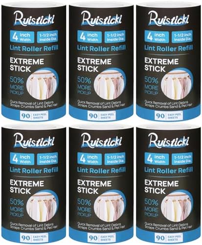 4 inch Lint Roller Refills for Evercare Extreme Stick All Purpose Lint Roller Standard Sticky Roller Refills 6 Pack 90 Sheets per Refill 540 Sheets Total (Inside Dia. 1 1/2 inch)