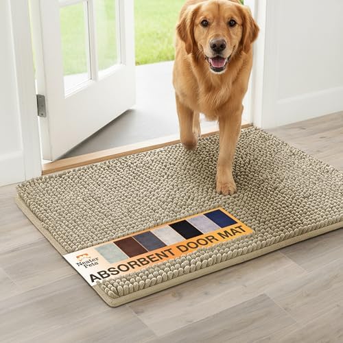 Neater Pets Muddy Paws Dog Door Mat 36” x 24” – Super Absorbent & Quick-Dry Chenille Doormat for Trapping Dirt, Water, Mud - Non-Slip & Machine Washable Pet Rugs for Entryway, Indoor Mud Mats, Tan