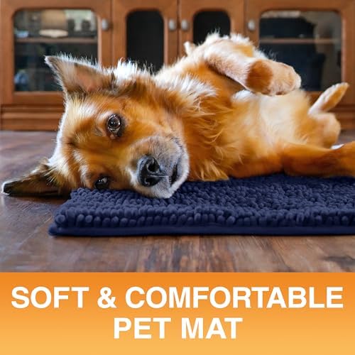 Neater Pets Muddy Paws Dog Door Mat 30” x 20” – Super Absorbent & Quick-Dry Chenille Doormat for Trapping Dirt, Water, Mud - Non-Slip & Machine Washable Pet Rugs for Entryway, Indoor Mud Mats, Navy