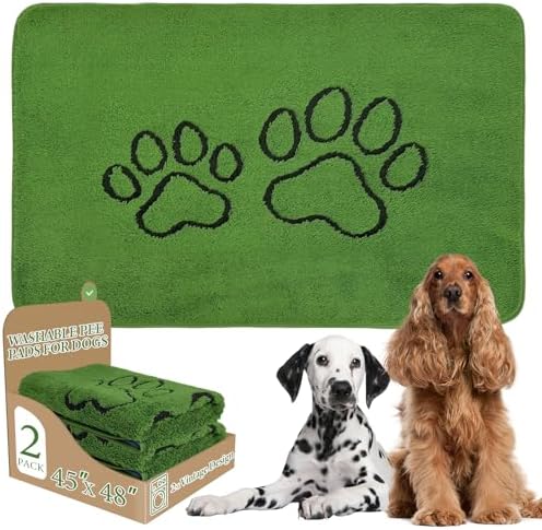 Homimp Washable Pee Pads for Dogs, 2 Pack Super Absorbent Reusable Puppy Pads,Green Long Wool Fake Grass for Potty Training, Upgrade Non-Slip and Leak-Proof,Floor,Couch,Bed and Crate,Green 45"×48"