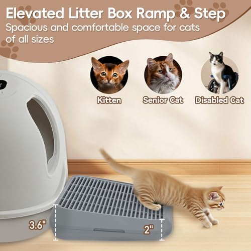 Elevated Litter Box Ramp/Steps for Kittens & Old Cats,Washable Litter Catcher Stairs for Automatic Cat Litter Box,Anti-Tracking Cat Litter Mat Pedal with Filter,Easy to Clean (Dark Grey)