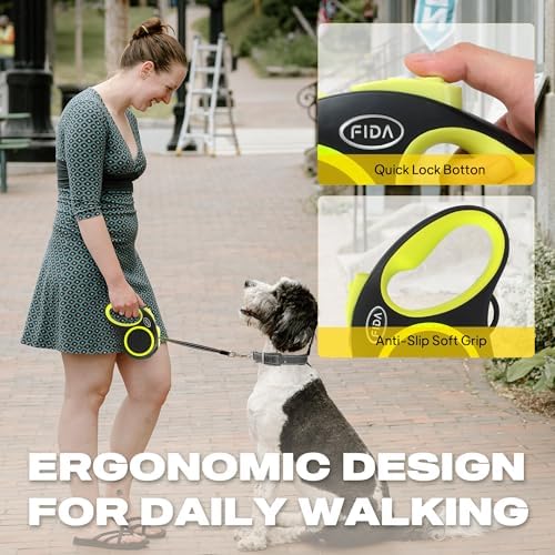 Fida Retractable Dog Leash, Reflective 16ft Heavy Duty Pet Walking Leash for Medium/Large Dog up to 110 lbs, Tangle Free. One-Hand Brake (Large, Neon Yellow)