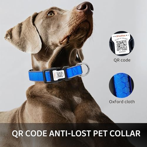 Personalized Dog Collar with QR Code Dog Tag, Oxford Blue S