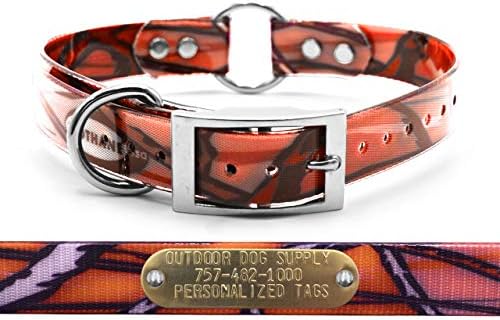 Heavy Duty D & Center Ring Dog Collar w Custom Name Tag, Orange Camo 21"
