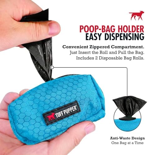 Tuff Pupper Dog Poop Bag Holder | Works with Any Dog Leash | Zippered Waste Bag Dispenser | Waterproof with Rust-Proof Clip | Convenient Lightweight Design | Includes 2 Rolls of Leak-Proof Bags
