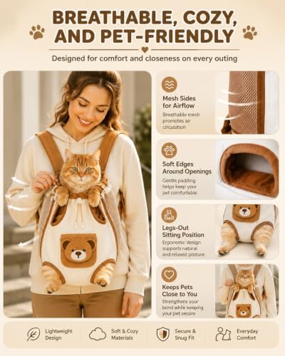 Cute Bear Design Front Pet Carrier Backpack, Cat Dog Front Body Carrier