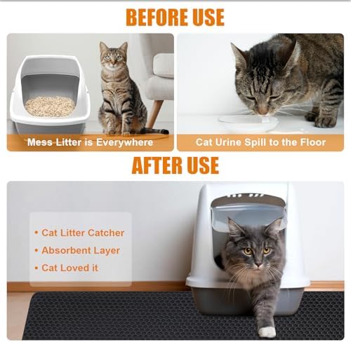 Cat Litter Mat - Extra Large XL 45"x32" Cat Litter Trapping Mat,Honeycomb Double Layer Traps Litter,Washable & Urine Proof,Non-Toxic,Soft EVA Litter Box Mat for Multi-Cat Homes(Black)