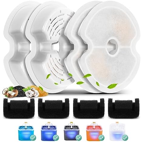 4 Pack Replacement Filters & Pump Sponges for 67oz/2L Colorful Cat Water Dispenser with LED Light, BFLICROY Cat Water Fountain Filter, Quadruple Filtration Pet Fountain Filters Replacement