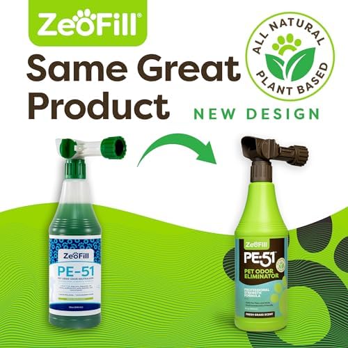 Zeofill PE-51 Pet Odor Eliminator – Urine Odor Neutralizer with Max Flow Garden Hose Spray Nozzle | Pet, Turf & Yard Smell Remover | Cat & Dog Pee Deodorizer Spray | All Natural Enzymes | 32oz Bottle