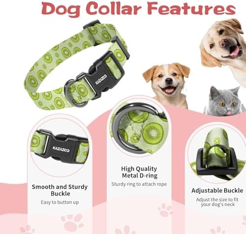 Kazazoo Dog Collar Cute and Soft Nylon Puppy Collar for Boy and Girl Dogs, Adjustable Dog Collars for Large Dogs, Kiwi Fruit-L