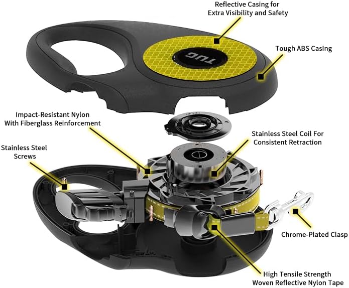 TUG 360° Tangle-Free Reflective Retractable Dog Leash | 16 ft Strong Nylon Tape (Small)